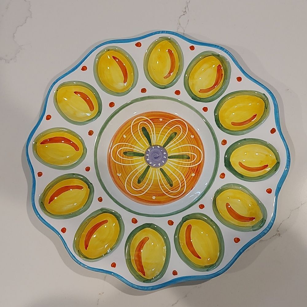 Deruta Hand Painted Deviled Egg Platter Tray Appetizer Dish